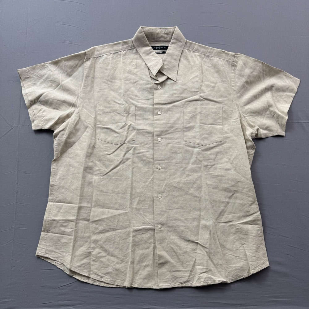 AXIST Mens XXL Slim Fit Linen Cotton Short‎ Sleeve Button Down Shirt Tan Tan XXL